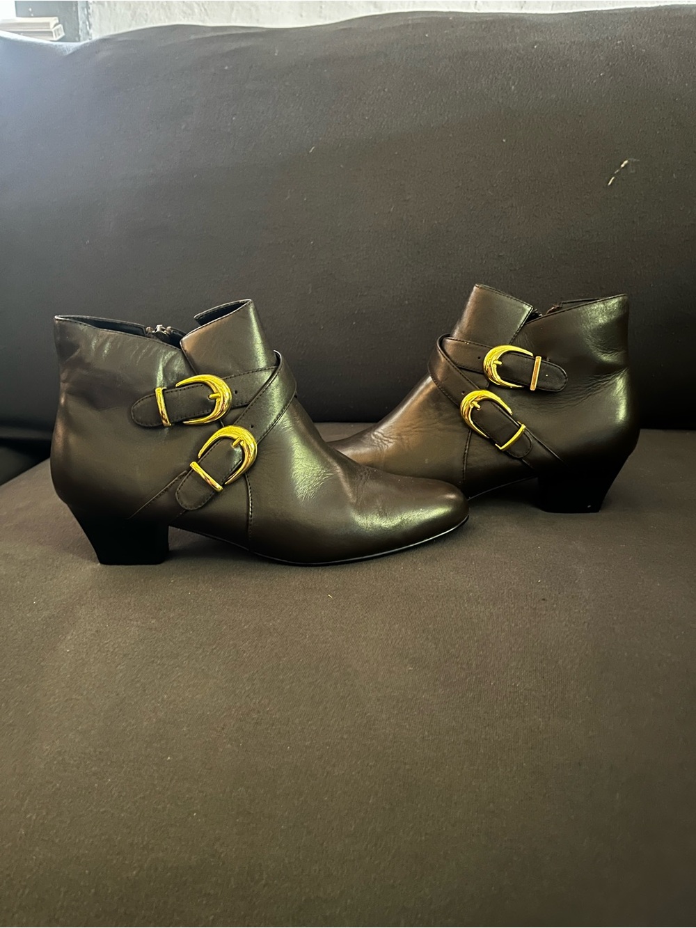 Newport News Black Ankle Boots with Gold Buckle Accents